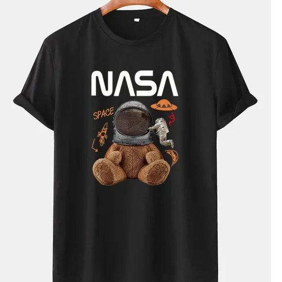 SHIEN Men Black NASA Space Bear Graphic Tee Medium